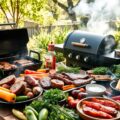 Juicy, tender smoked BBQ ribs on a Traeger grill, glazed with barbecue sauce and garnished with fresh herbs, served on a wooden platter.