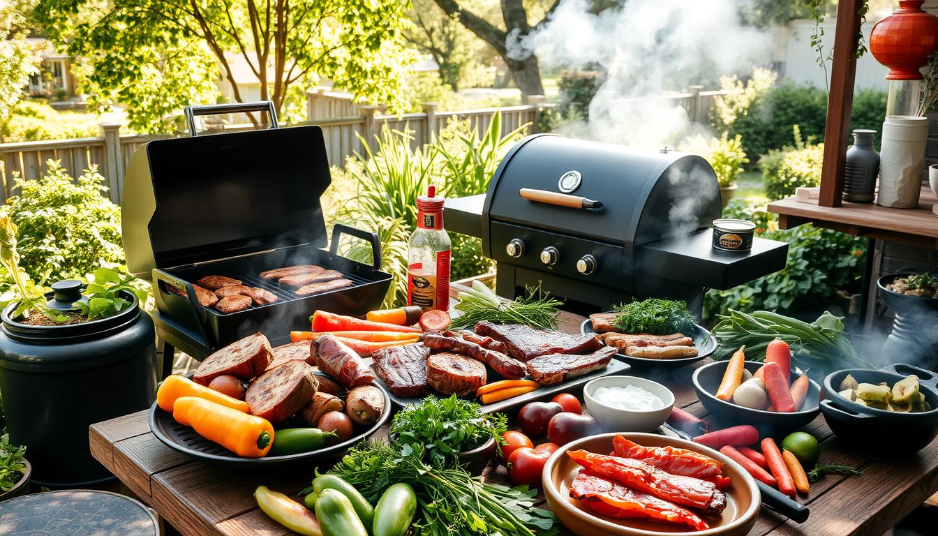 Juicy, tender smoked BBQ ribs on a Traeger grill, glazed with barbecue sauce and garnished with fresh herbs, served on a wooden platter.