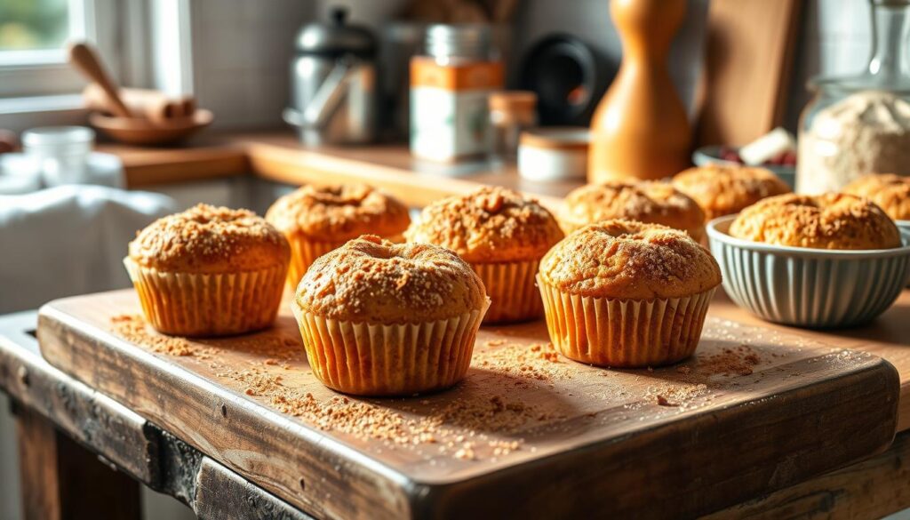 Freshly baked vegetarian cinnamon sugar donut muffins, coated in a golden layer of cinnamon sugar, served on a rustic wooden platter.