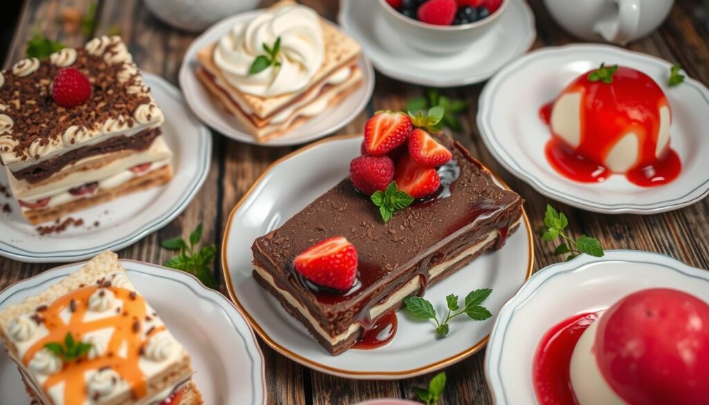 A selection of vegetarian Italian desserts, featuring creamy tiramisu, panna cotta topped with fresh berries, and golden cannoli, elegantly displayed on a rustic wooden table.