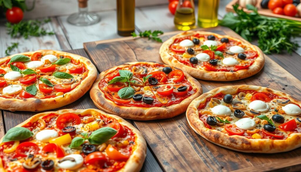 A variety of vegetarian Italian dishes, including a hearty eggplant Parmesan, fresh pasta primavera, and a vibrant Caprese salad, beautifully plated on a rustic dining table.