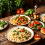 A beautifully arranged spread of vegetarian Italian dishes, including fresh Caprese salad, creamy mushroom risotto, and margherita pizza, garnished with basil and served on a rustic table.