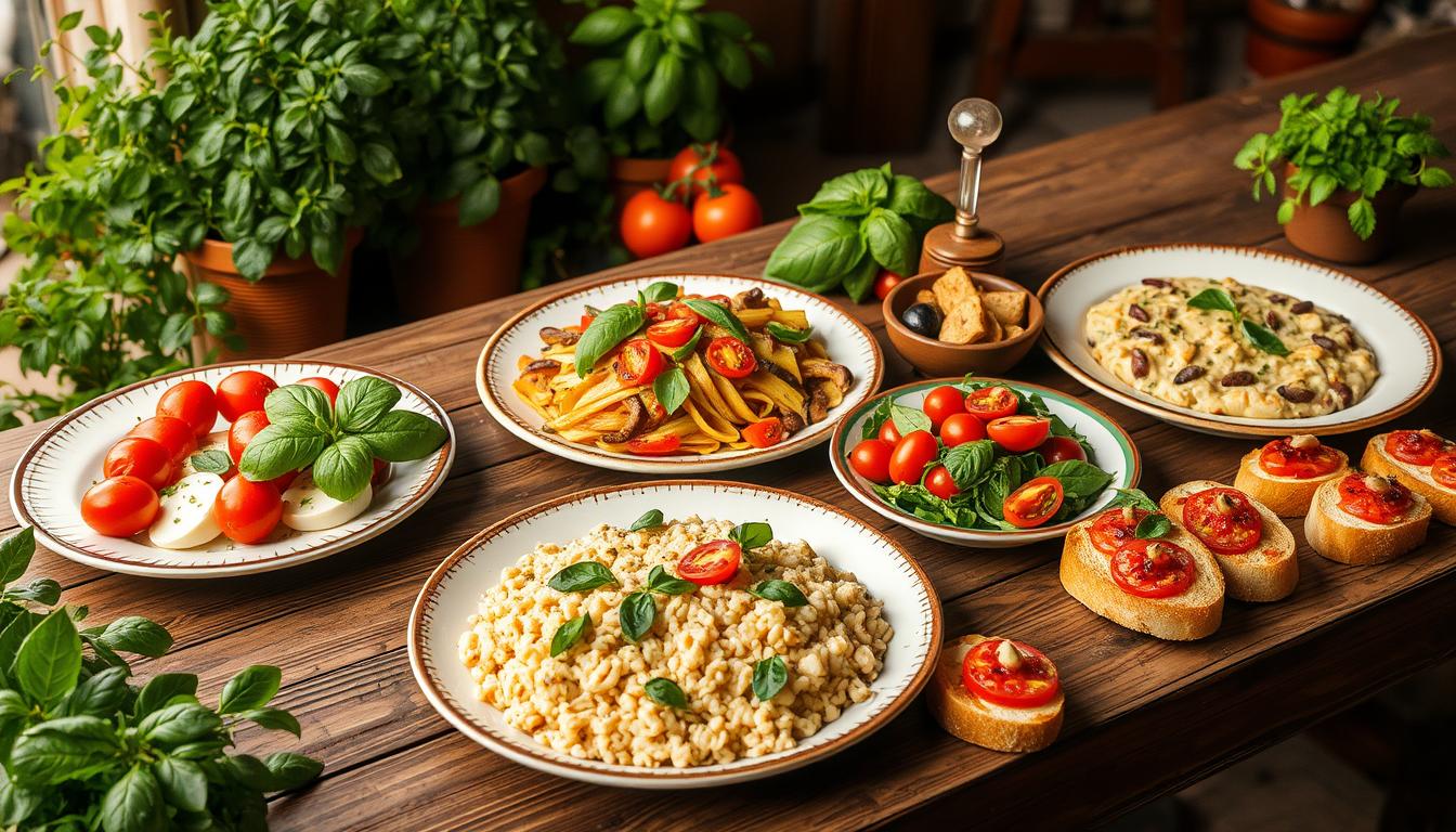 A beautifully arranged spread of vegetarian Italian dishes, including fresh Caprese salad, creamy mushroom risotto, and margherita pizza, garnished with basil and served on a rustic table.