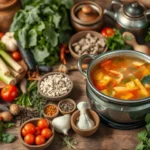 A rustic bowl of village soup filled with fresh vegetables, herbs, and a rich broth, capturing the essence of traditional cooking.