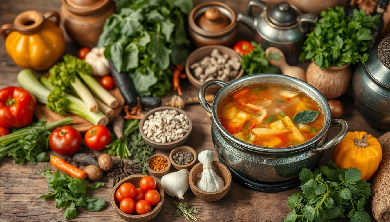 A rustic bowl of village soup filled with fresh vegetables, herbs, and a rich broth, capturing the essence of traditional cooking.