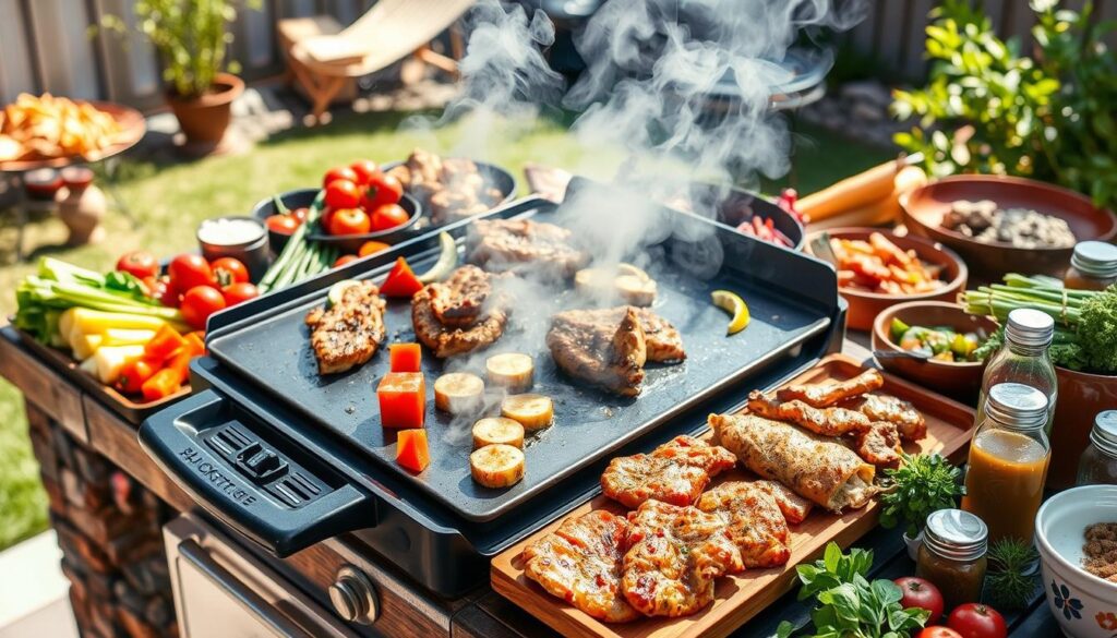 A juicy steak sizzling on a Blackstone griddle, surrounded by caramelized onions and peppers.