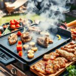 A juicy steak sizzling on a Blackstone griddle, surrounded by caramelized onions and peppers.