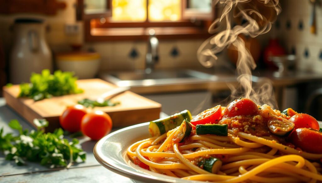 A plate of steaming hot spaghetti with cherry tomatoes, zucchini, and fresh herbs, served in a cozy kitchen setting with natural light.