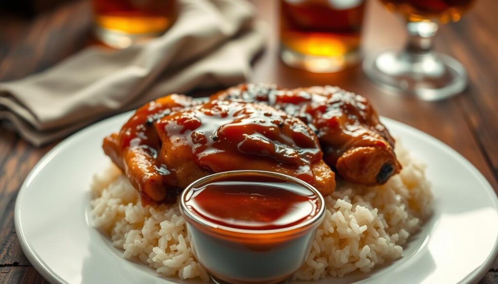 Homemade bourbon chicken cooked to perfection in a skillet with a rich, glossy sauce.