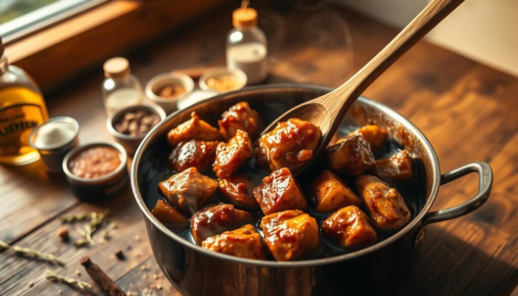 A plate of bourbon chicken with a side of steamed vegetables and garnished with sesame seeds.