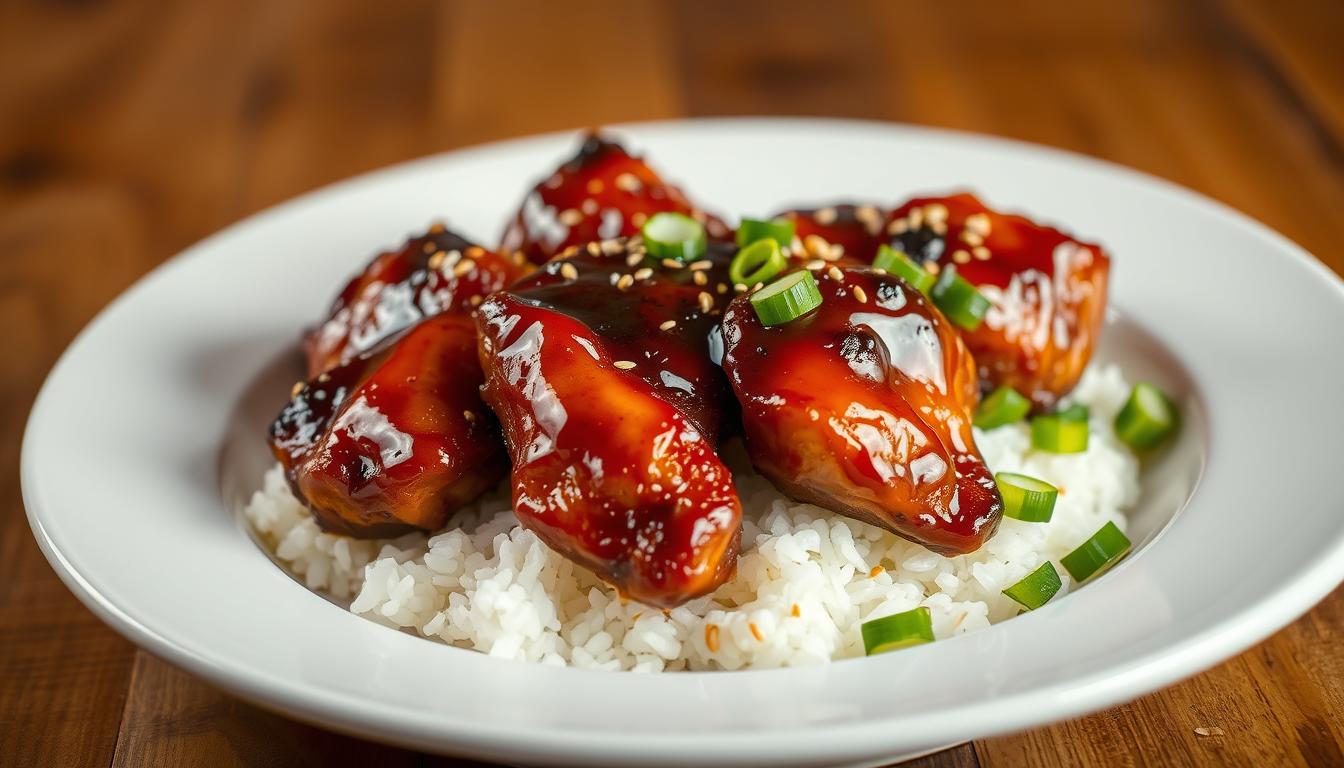 Close-up of juicy bourbon chicken glazed in a sweet and savory sauce, served over rice.