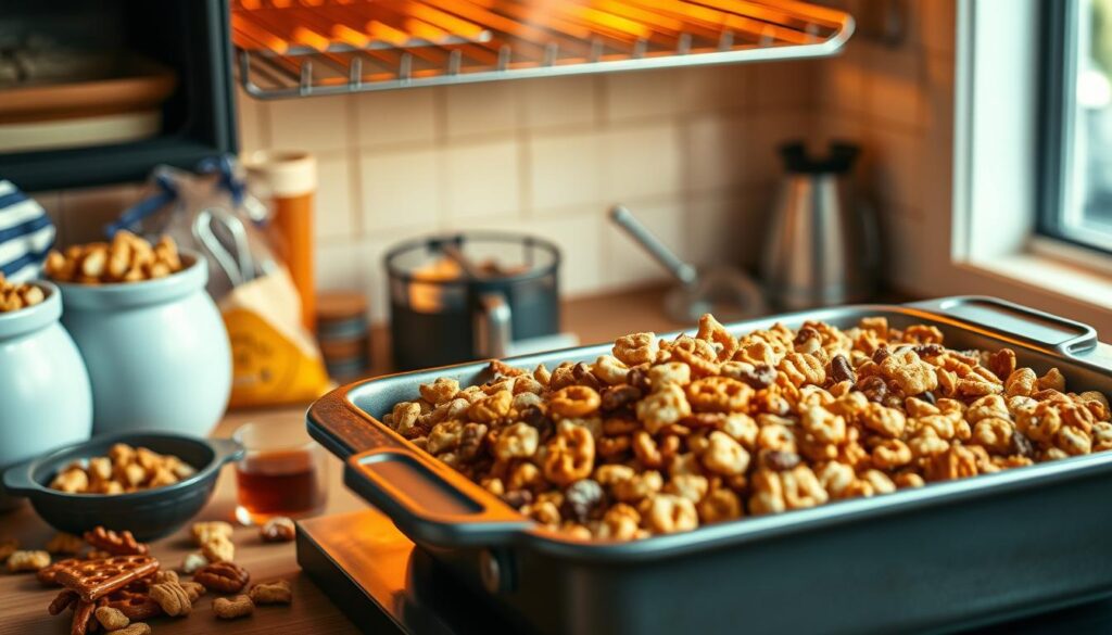 Close-up of chex mix recipe oven baking process inside the hot oven.