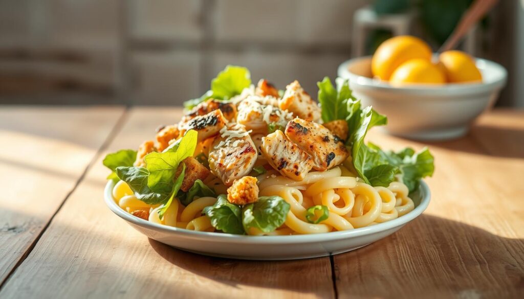 Freshly made Chicken Caesar Pasta Salad served with a side of lemon wedges