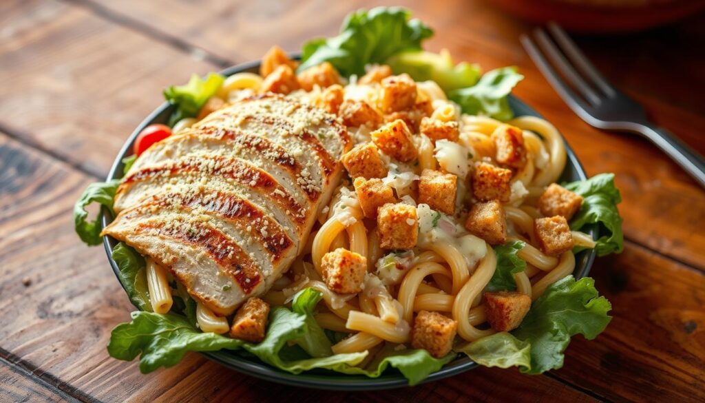 Close-up of creamy Chicken Caesar Pasta Salad with croutons and Caesar dressing