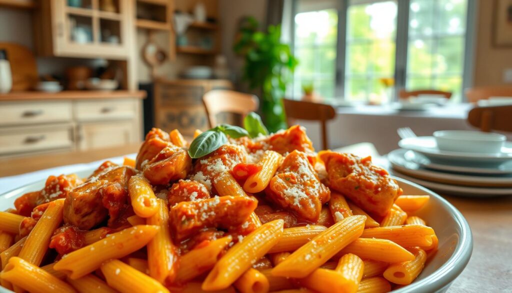 Garlic butter chicken thigh pasta served with a sprinkle of red pepper flakes.