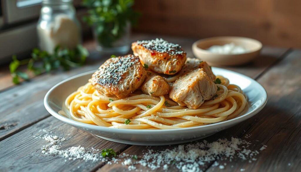 Close-up of tender, pan-seared chicken thighs on a bed of pasta with a rich sauce.