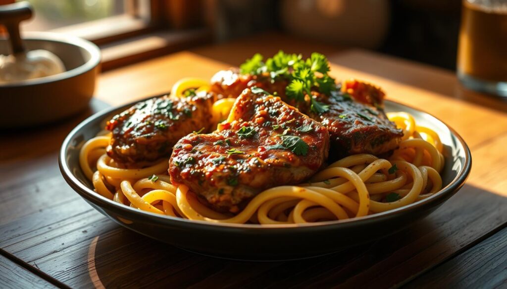 Fork twirling pasta with chimichurri chicken, garnished with fresh parsley and chili flakes