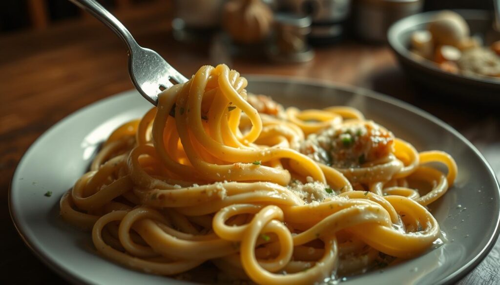 Golden, pan-seared chicken in a creamy garlic parmesan sauce, served with a side of pasta and fresh herbs