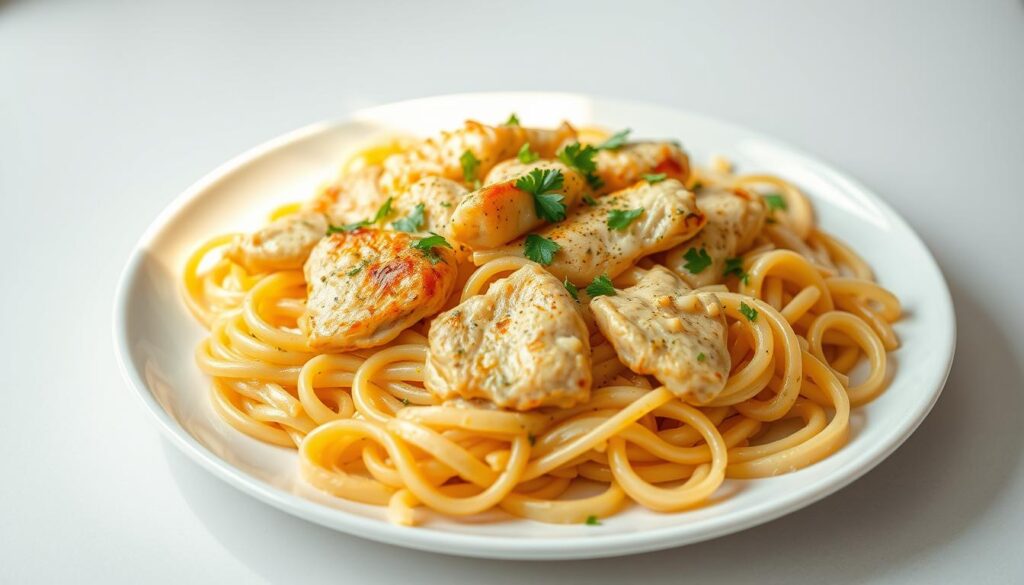 Delicious lemon chicken pasta with a rich, velvety sauce and tender chicken pieces, topped with parmesan cheese