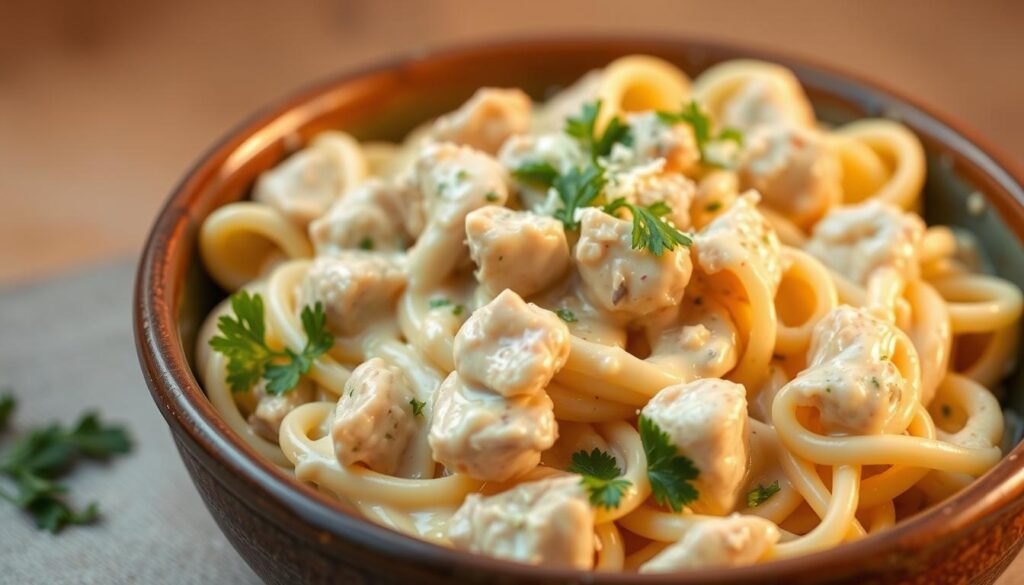 Slow-cooked chicken Alfredo pasta served on a plate with a fork beside it.