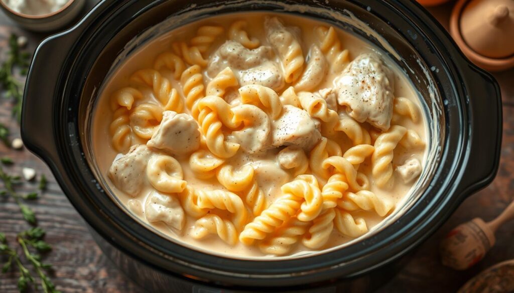 A bowl of creamy Crock Pot Chicken Alfredo pasta, topped with fresh parsley and parmesan