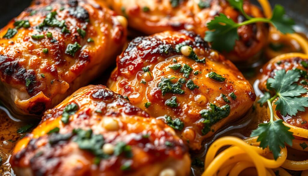 Close-up of juicy chimichurri-marinated chicken thighs on a bed of pasta