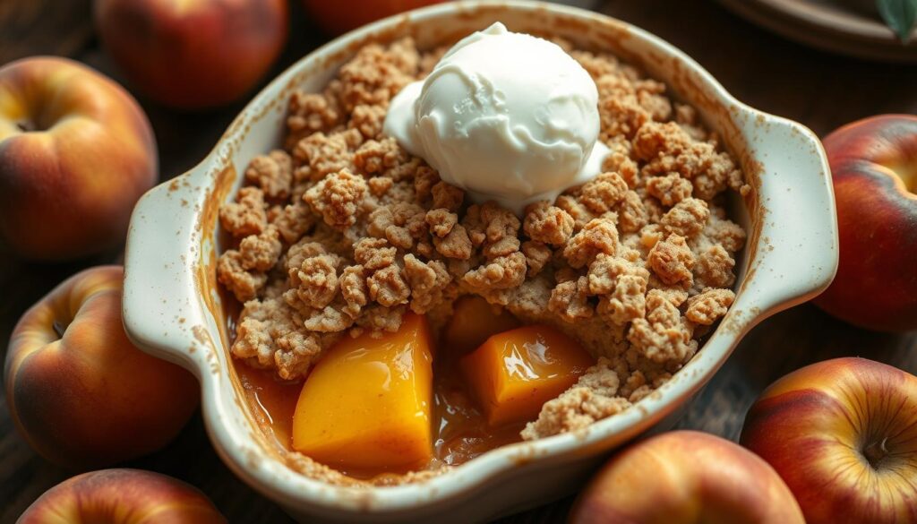 A delicious peach crumble in a baking dish, garnished with cinnamon and fresh peaches.