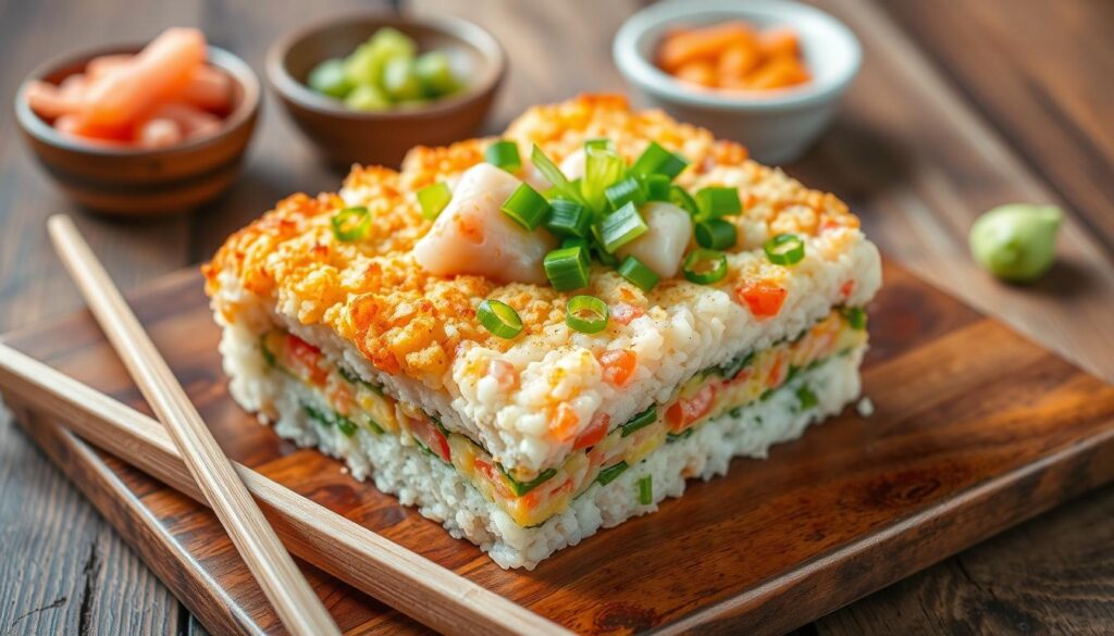 A delicious sushi bake recipe with layers of rice, crab, and melted cheese.