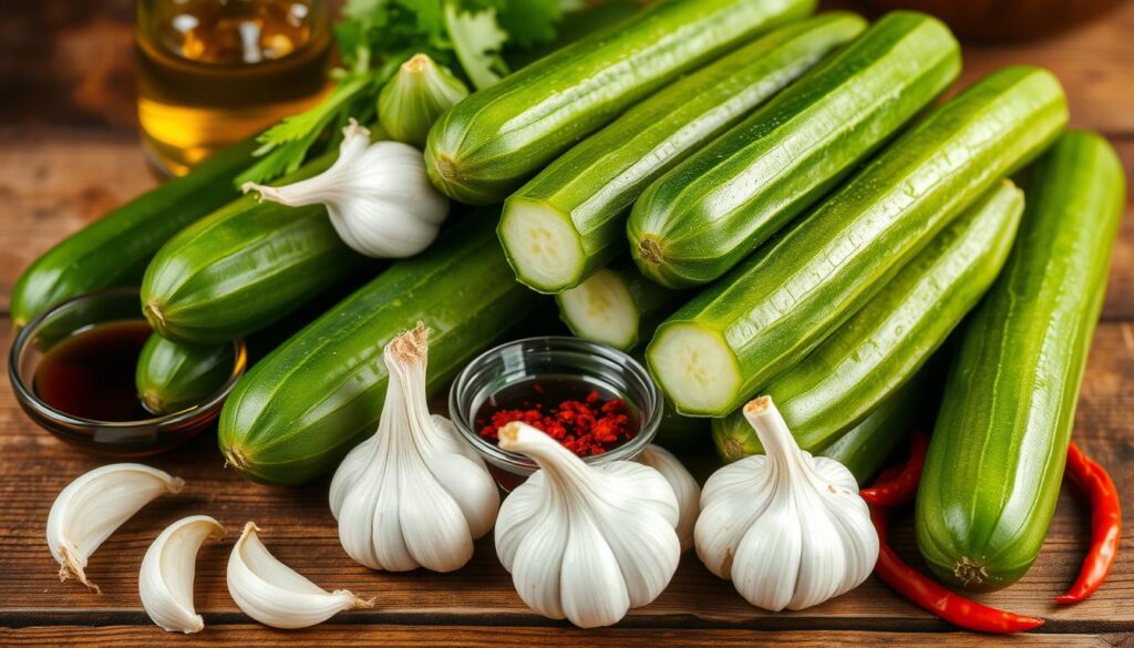 Close-up of Din Tai Fung-style cucumbers garnished with sesame seeds and red pepper flakes