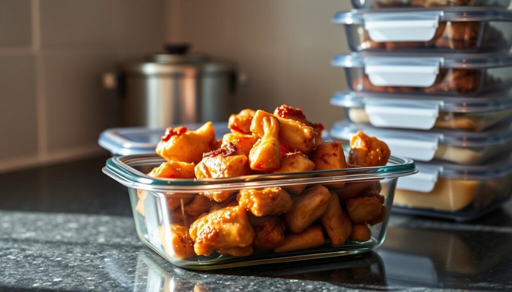 Delicious bourbon chicken served on a white plate with a fork, ready to be enjoyed.