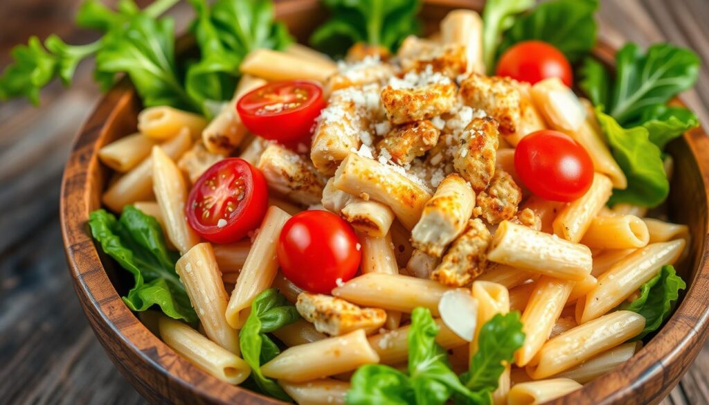 Fork lifting a bite of Chicken Caesar Pasta Salad with shredded parmesan and tender pasta.