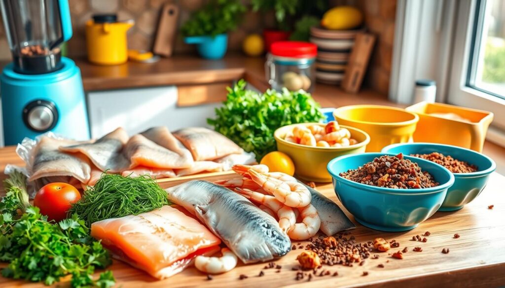 Baked fish with garlic butter sauce, garnished with parsley and lemon wedges