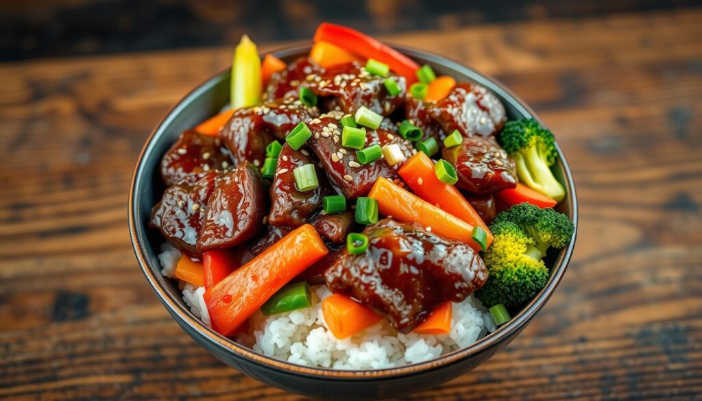 A juicy beef stir-fry with colorful vegetables served over rice