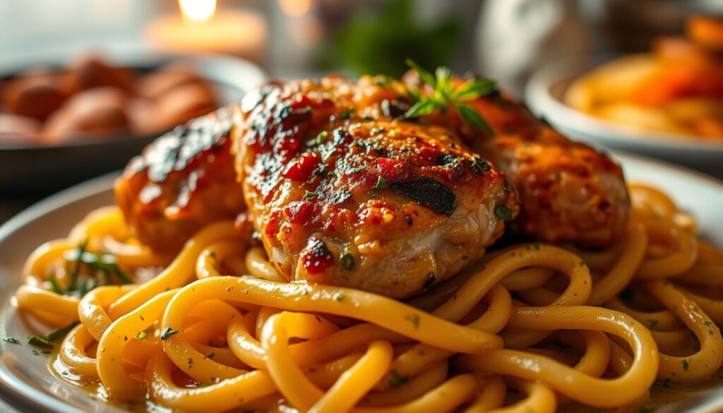 Twisting a forkful of pasta with juicy chicken thighs and a creamy sauce.