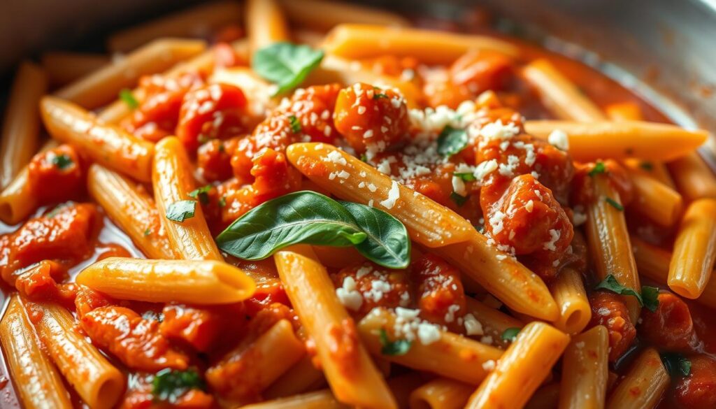 Close-up of spicy jerk-seasoned chicken over a bed of creamy pasta, garnished with parmesan.