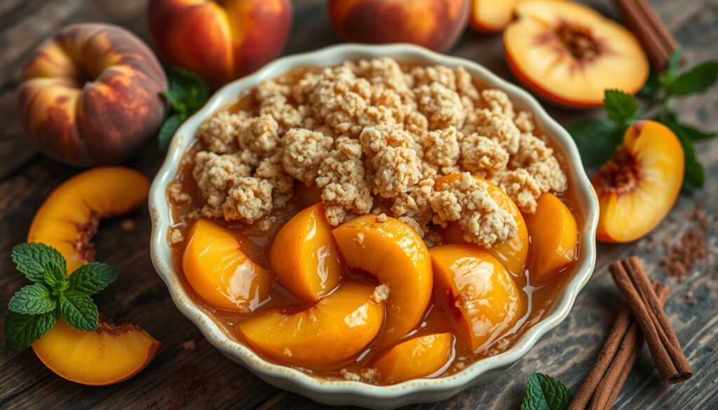 Close-up of a warm peach crumble served with a scoop of melting vanilla ice cream