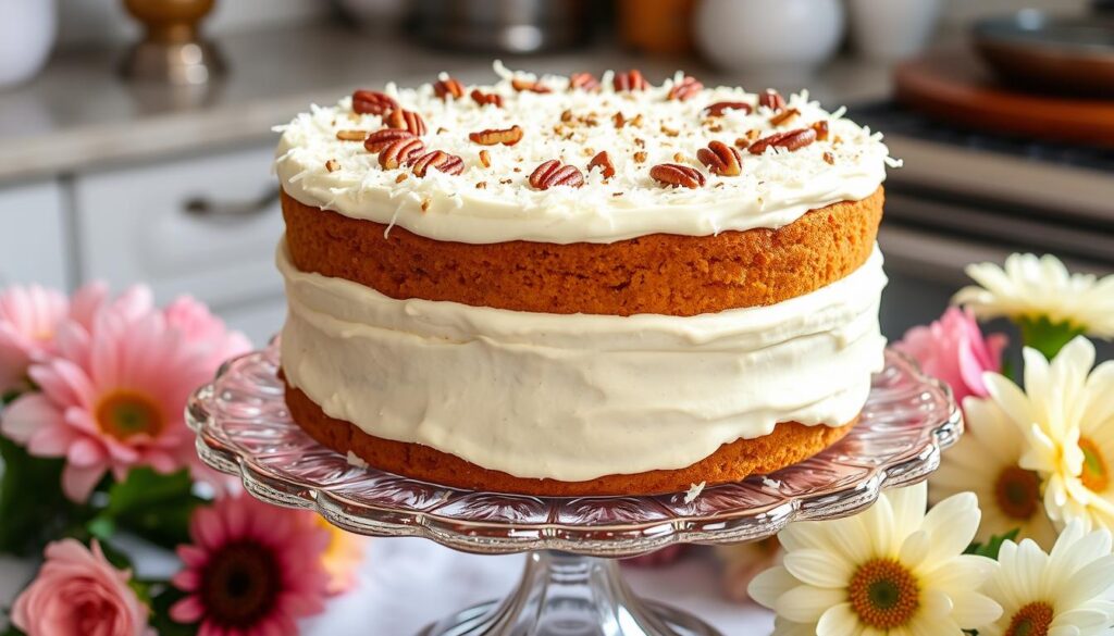 Whole Italian Cream Cake on a cake stand, decorated with coconut and nuts