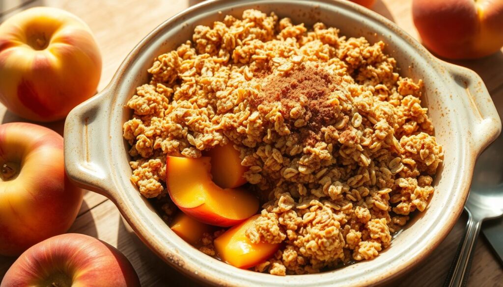 Homemade peach crumble dessert with juicy peach filling and buttery oat topping.