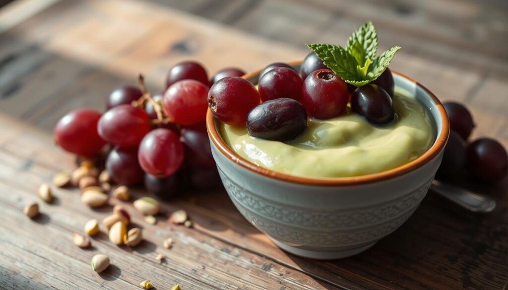 Close-up of a pistachio pudding dessert garnished with fresh grapes and whipped cream.