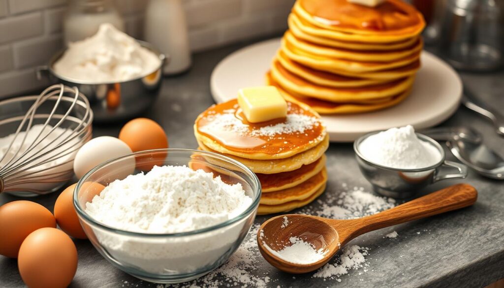 Close-up of soft, airy hotcakes made from a homemade mix, served with honey