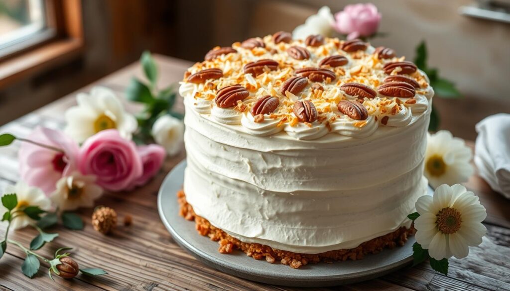 Close-up of a moist Italian Cream Cake slice with rich cream cheese frosting.