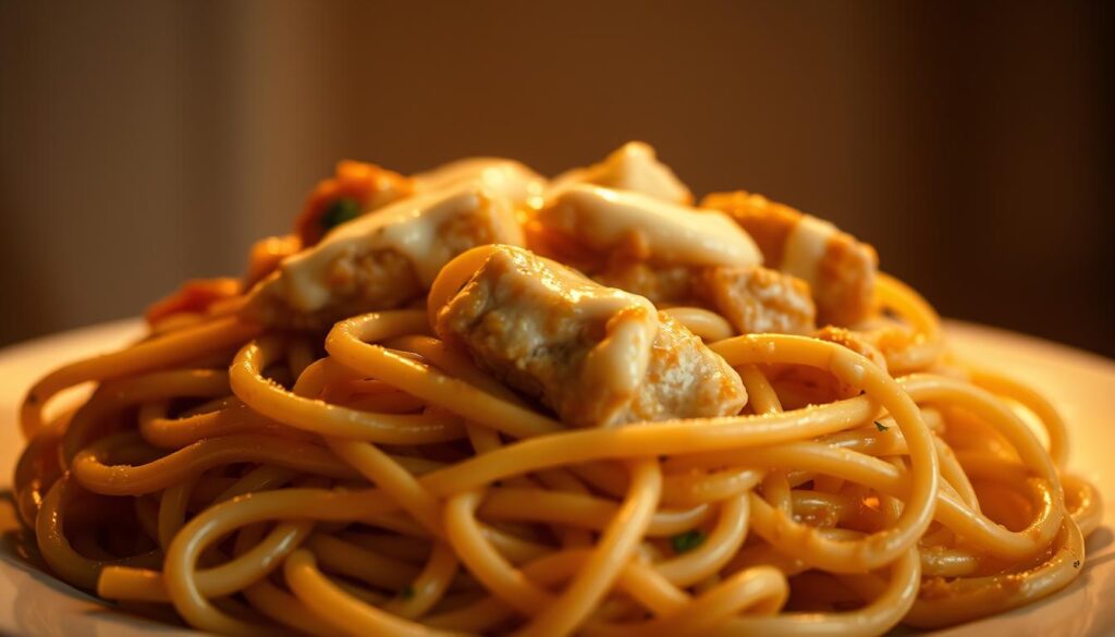 Rich and cheesy Marry Me Chicken Pasta served in a white dish with a golden, creamy sauce.