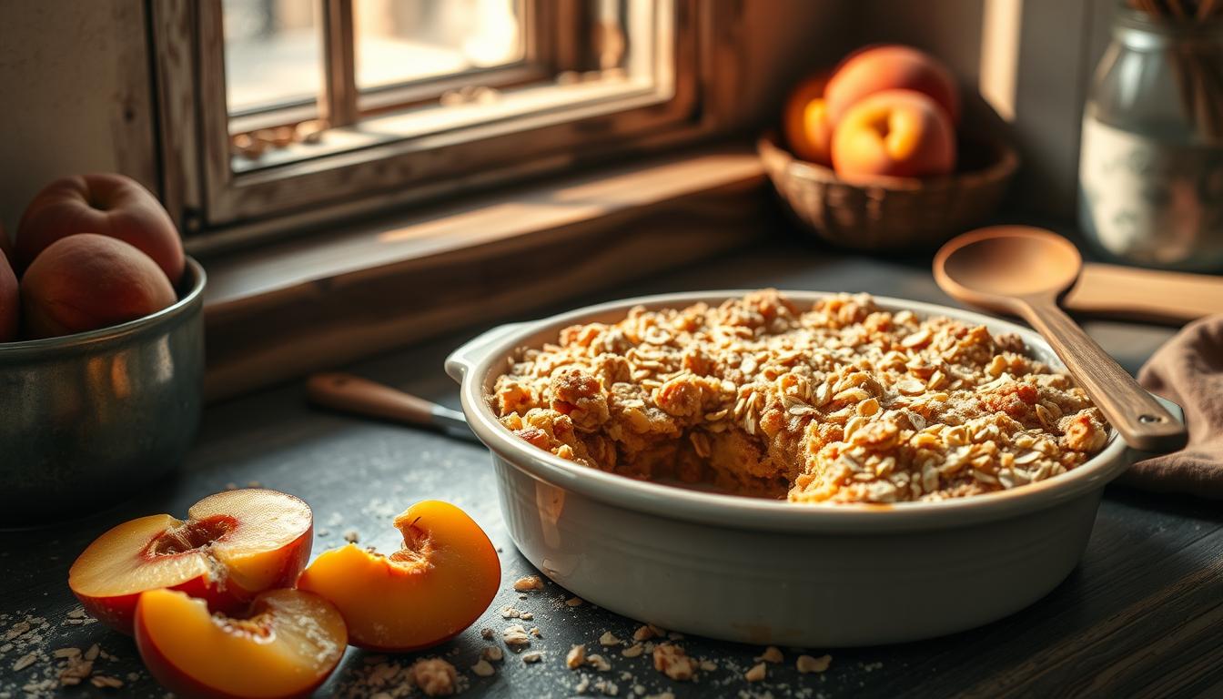 A freshly baked peach crumble in a rustic dish with golden, crispy topping.