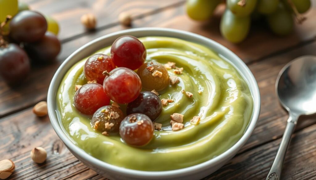 A spoon scooping rich pistachio pudding with juicy grapes and a sprinkle of nuts.