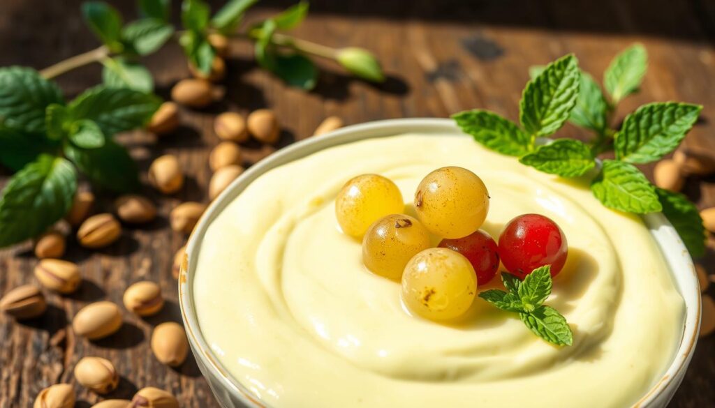 Homemade pistachio pudding with green and red grapes, served in a glass dish