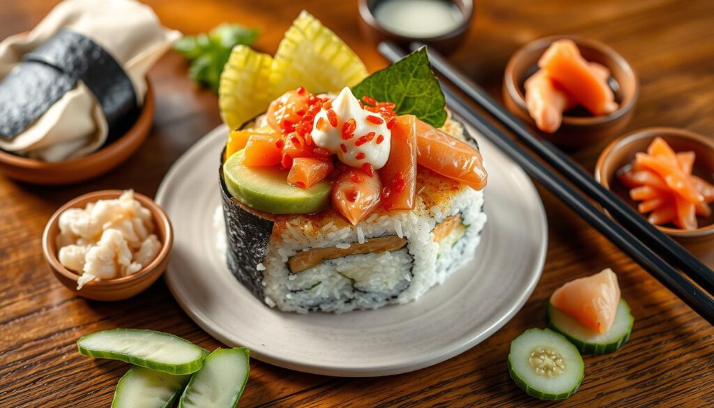 Homemade sushi bake garnished with green onions and sesame seeds, ready to enjoy.